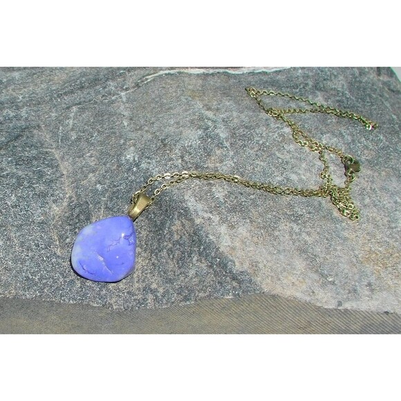 Purple Blue Polished Stone Pendant Necklace on 22 inch Antique Bronze Chain - Picture 2 of 10